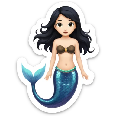 Mermaid with black hair and black and brown tail. Long hair covering chest. sticker