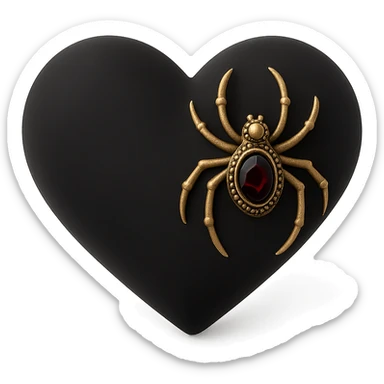 gothic heart in 3D black style, black velvet texture, silver spider brooch, deep red gemstone, ornate and dark sticker