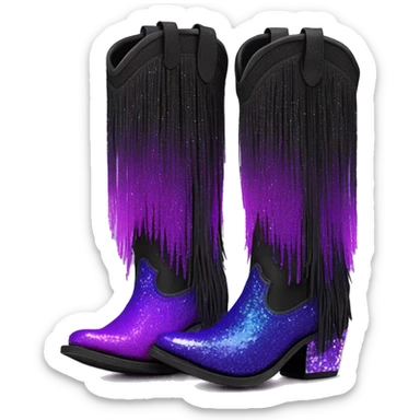 Realistic short neon purple to black ombre fashion cowgirl boot with sparkly shiny glitter fringe on them. sticker