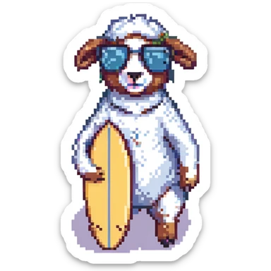 Add cool sunglasses to the sheep while keeping the surfboard and pixel art style the same. Remove the background. sticker