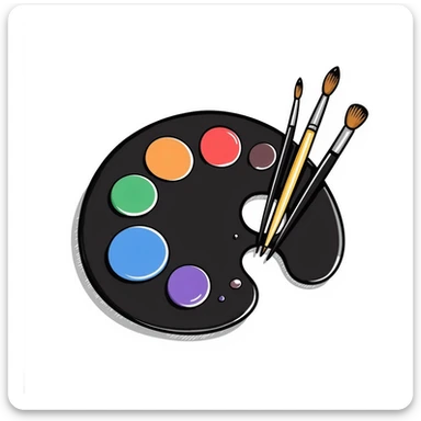 Detailed artist's palette with colorful paint blobs, palette holes, and paintbrushes nearby. Detailed and intricate doodle style. sticker