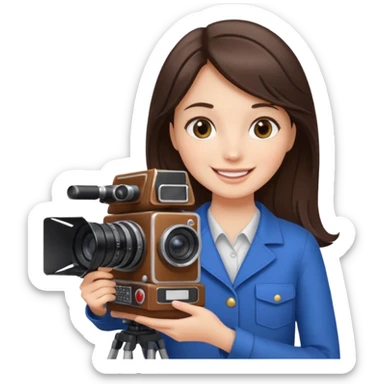 A brunette girl , she’s a proud and successful filmmaker 🍿🌍✨ she’s next to a tall, set camera, / holding awards  sticker