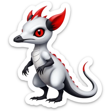 a white exotic edgy vernid-fionbri-creature, with black belly and red eyes, full body sticker