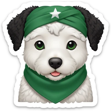 Black bernadoodle with white around mouth and big white eyebrows with plain green bandana around neck only sticker