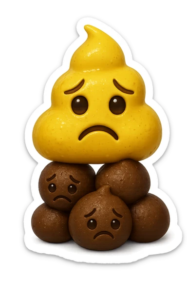 emoji stile iphone di una cacca giallina e liquida con espressione triste, sopra una montagnetta di feci a palline con espressione triste, iperrealistico 4k sticker