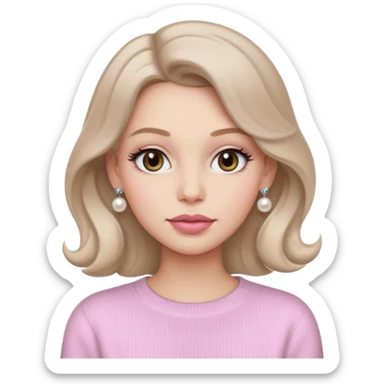 “Emoji girl, soft matte skin, neutral taupe eyeshadow, light rose lips, subtle contour, pearl earrings, loose waves, wearing cream cashmere sweater.” sticker