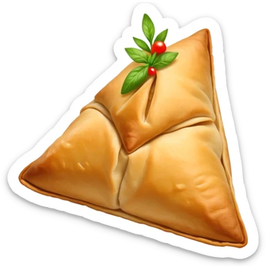 Samosa Cinematic Realistic Samosa Snack Emoji, depicted as a crispy, golden triangular pastry filled with spiced vegetables or meat, rendered with rich textures and vibrant, appetizing lighting. sticker