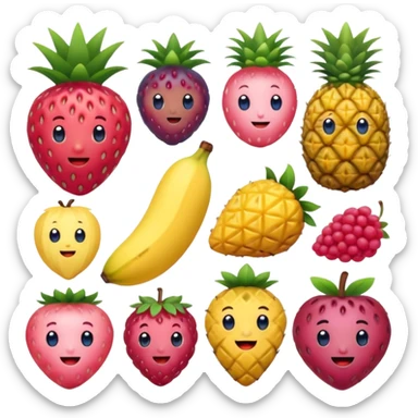 strawberry, blueberry, raspberry, banana, mango, pineapple pink lady apple playing sticker