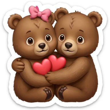 female bear with bow on her head and male bear hugging, couple, surrounded by hearts, playful and loving, cute, same height  sticker