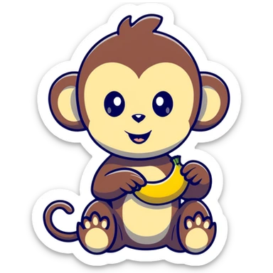 super kawaii baby monkey with big shiny eyes and tiny paws carefully peeling a banana sticker