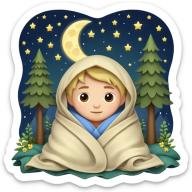 moon tucked into blanket by tiny forest alchemist sticker