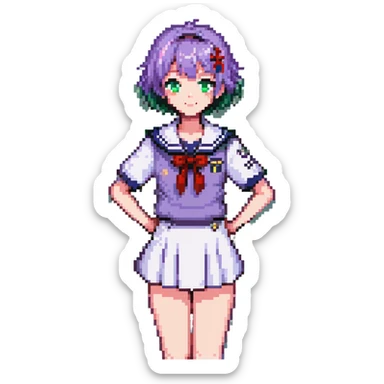 Pixel art anime girl with short bright purple hair wearing Japanese sailor style school uniform, trying to look confident with hand on hip but nervously waving with a shy blush and timid smile sticker