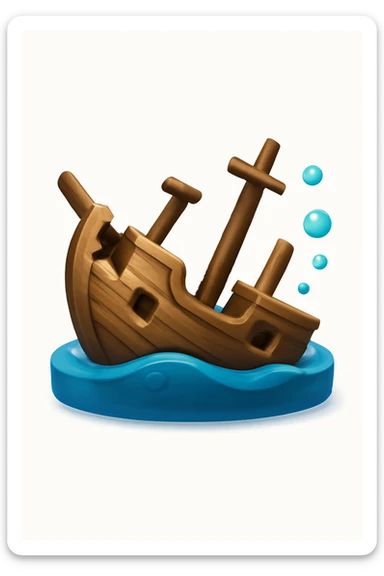 3D iPhone style emoji of a sunken ship, partly underwater, tilted and broken wooden structure, subtle bubbles around, isolated on white background, soft shadows, high detail, playful and cute. sticker