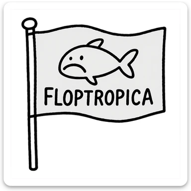 hand-drawn outlined flag on a stick with a quirky 'Floptropica' symbol sticker