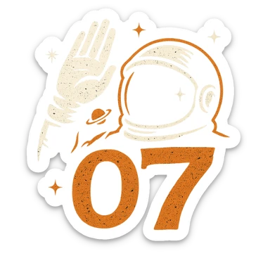 Logo estilizado de saludo o7 con silueta de mano y casco de astronauta, detalles espaciales y toque rebelde, colores oscuros sticker