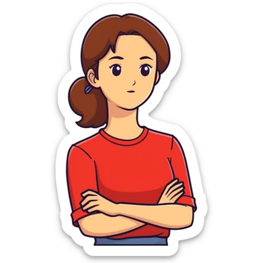 arms crossed holding neck brown hair woman wearing red shirt  sticker