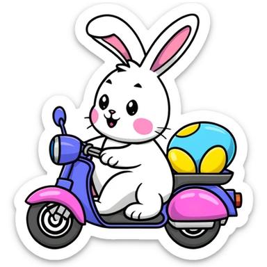 Easter bunny riding a BMW boxer motorcycle with trees and grass in the background, colorful Easter eggs hidden in the grass, and more bunnies watching from the side of the road sticker