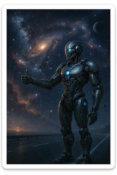 A robot hitchhiking across the galaxy, realistic and detailed, sci-fi style sticker