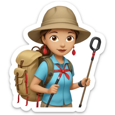 Middle aged women, long brown ponytail with wide brim hiking hat. With backpack and trekking poles. Backpack has a scallop shell with the cross of saint james hanging from it.  Remove the cross and add a scallop shell on a red string hanging from the backpack  sticker