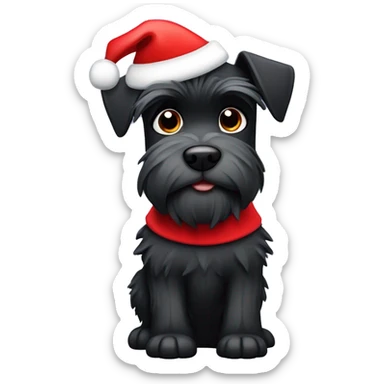 Black miniature schnauzer with spiky hair wearing a Santa hat sticker