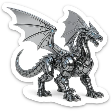 fierce chrome robotic dragon with segmented armor, metallic wings, illuminated accents, 1:1 aspect ratio sticker