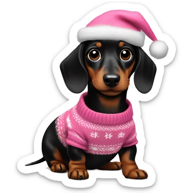 Black baby dachshund with pink Christmas sweater  sticker