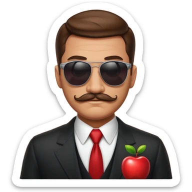 man's head only, slicked-back brown hair, thick mustache, sunglasses, mafia boss vibe, apple style emoji sticker