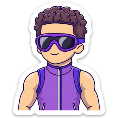 male athlete with white skin and moderately curly dark brown hair on top with shaved sides, wearing ski goggles with purple frames and very dark black lenses, a simple plain black chain necklace, and a completely unzipped sleeveless vest with purple and black sequin fire pattern design with no logo, fully revealing his chest, shoulders and arms, no earrings sticker