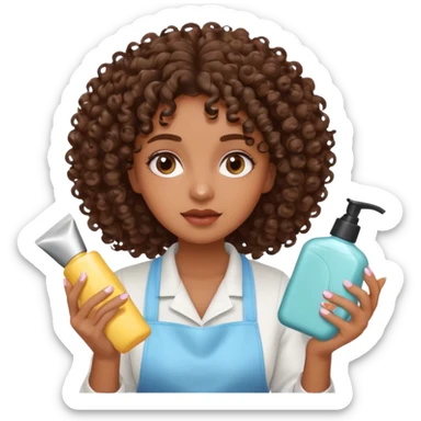 Menina na cor parda, com os cabelos bem cacheados e fazendo o movimento col produtos na mão limpando e cuidando do rosto sticker