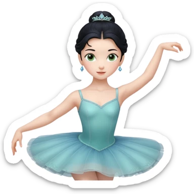 Cinematic Realistic ballerina Medium Blue Portrait, depicted with lifelike skin texture, subtle rosy undertones, and soft natural lighting that enhances the gentle contours of her face. Her intricately detailed sweet black hair is elegantly styled, green eyes sticker
