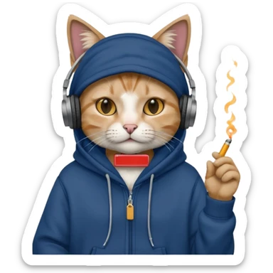 cat in headphones, in a dark-blue oversized hoodie with a cigarette in his hand  sticker