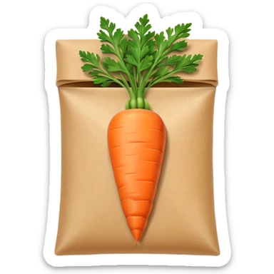 emoji-style carrot seed packet, small pouch, orange carrot illustration, green leaves, minimal design, clean lines, soft shading, light brown paper texture, cartoonish, mobile emoji sticker