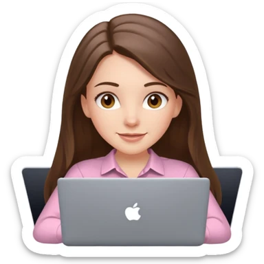 happy white long brunette hair girl with hazel eyes and in light pink using laptop sticker