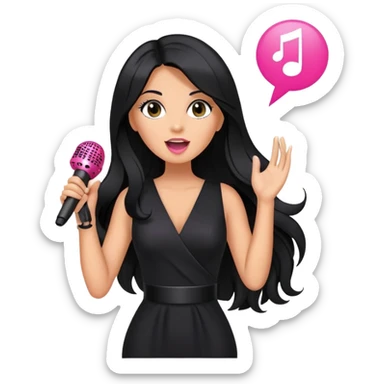 pink microphone, music, singing, long black hair tanned woman, black glam dress sticker