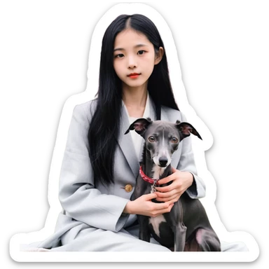 A young Chinese girl with long black hair and a dark grey Italian Greyhound with absolutely no white marks on its body or nose sitting under a cherry blossom tree sticker