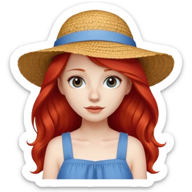 girl_wearing_summer_hat, red long hair, blue dress sticker