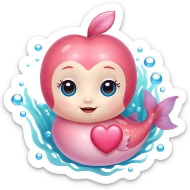 charming underwater critter with plastic shine, large sparkling eyes, petite body, sweet smile, rosy cheeks, delicate textures, pastel colors with bright pops, small heart or bow, detailed shading, apple emoji style sticker