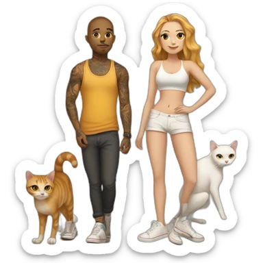 Tan skater and White Girl with tattoos holding 2 fat cats sticker