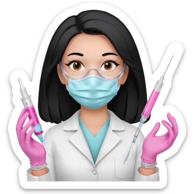 laboratorista con guantes rosa pastel y mascarilla rosa pastel jeringa tubo laboratorio sin lentes pelo lacio negro y largo sticker