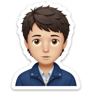 Owen Cooper in dark brown short and choppy fringe short wavy hair with brown eyes, freckles on his cheeks, wearing deep blue jacket and white shirt sticker