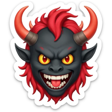 демон с чёрной как уголь кожей, красными клыками, двумя красными рогами торчащими у него изо лба, красной гривой и глазами смеётся (рядом текст "Ха-Ха") sticker