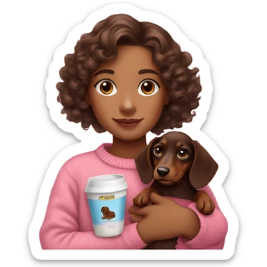 Brunette girl with medium curly hair in a pink sweater holds a dachshund chocolate and creams puppy in her arms sticker