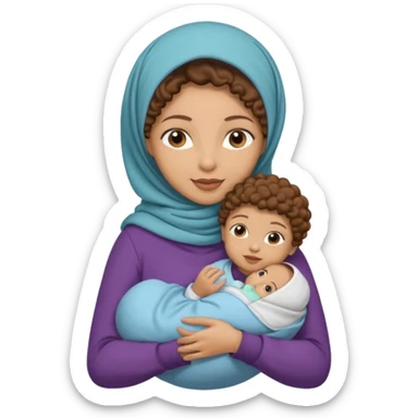 Light skin hijabi woman holding one baby boy brown curls sticker