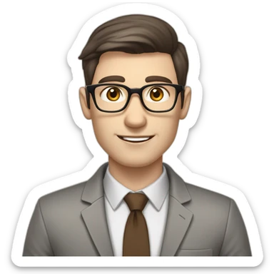 Pale skinned fit man with dark brown hair in gray jacket, beige office shirt, brown tie, brown pants and vintage glasses Writing text on a flipchart sticker