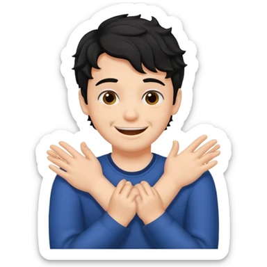 a boy with black wavy hair smiling very big but strangling his neck with his hands sticker