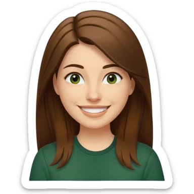 30 yr Caucasian woman long brown straight hair parted on side dark green shirt big smile sticker
