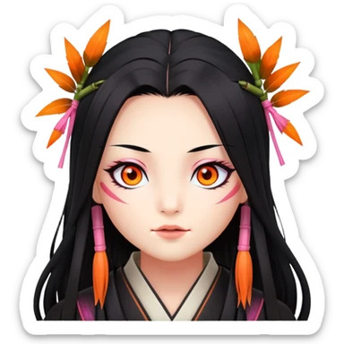 Nezuko with long black hair with orange tips, pink eyes, bamboo muzzle in mouth sticker