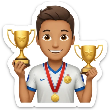 happy soccer player with a first-place medal and a trophy sticker