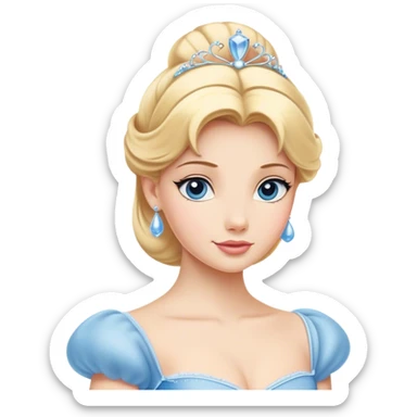 Cinematic Elegant Cinderella Portrait Emoji, rendered in a flat, vector-style with minimal shading and bold, simplified shapes. Depict Cinderella in her classic ball gown (chest and above) with fair, porcelain skin and elegantly styled blonde hair, her eyes soft and kind, and her expression serene and graceful. The design glows with a gentle, enchanting radiance and high shine, capturing the timeless beauty of a fairy tale princess. sticker