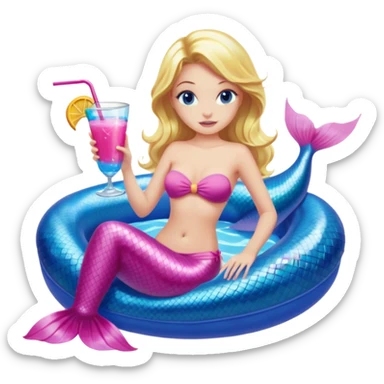 woman who is a mermaid with blonde hair and blue eyes sitting in a pink pool tube in a blue pool sipping a drink wearing a pink bikini top and a pink mermaid tail  sticker